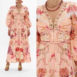 Camilla Shaped Waistband Maxi Dress Blossoms Brushstrokes Linen Romantic Pink L
